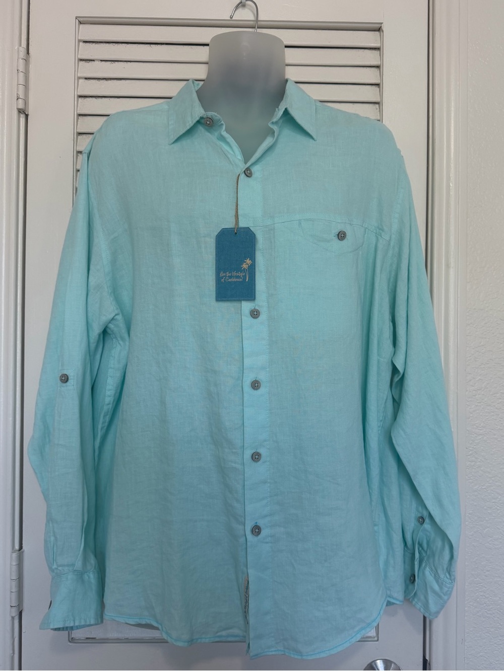 Caribbean 100% Linen Aqua Blue Coastal Resort Button Down Shirt Roll-Tab XL